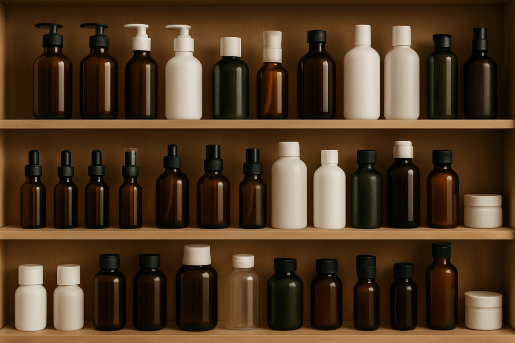 Amazon FBA prep with bottles on a shelf of various sizes
