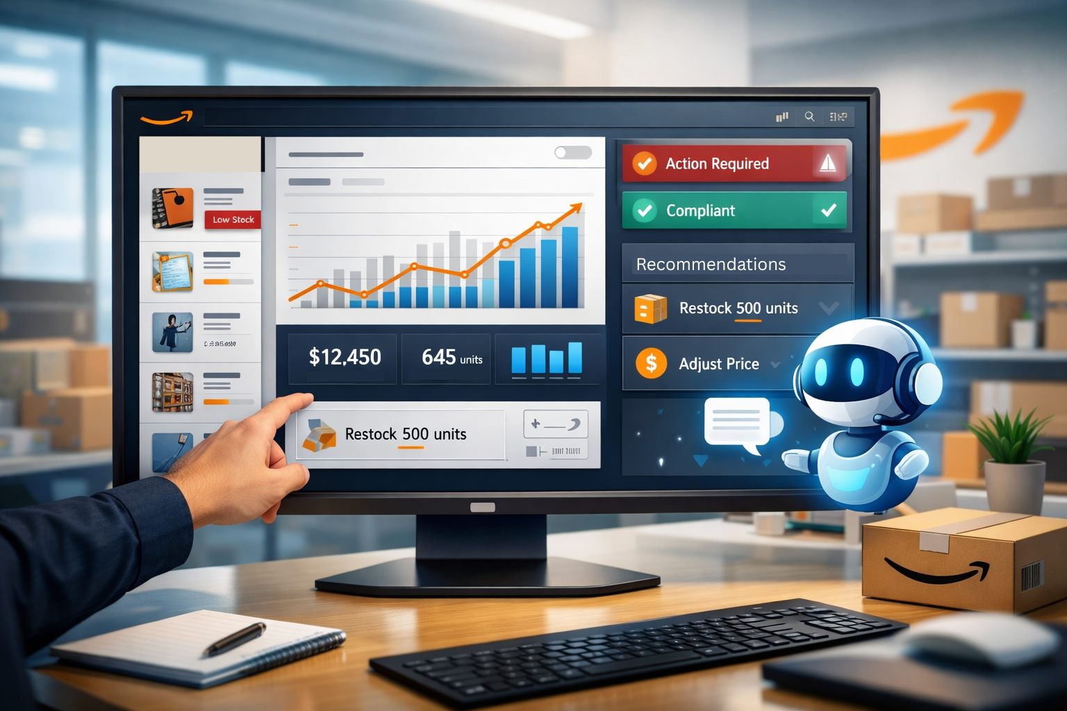 AI-powered Amazon Seller Assistant dashboard showing strategic inventory insights for marketplace brands.