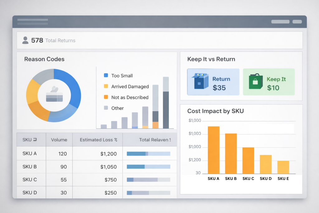 Amazon returns analytics dashboard showing reason codes and cost impact for brand sellers