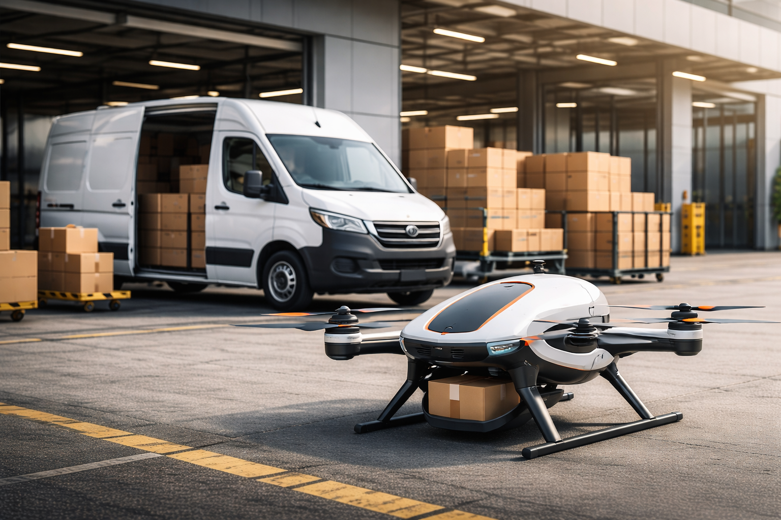 Amazon delivery drone grounded next to traditional delivery van in logistics hub illustrating shift in fulfillment strategy.