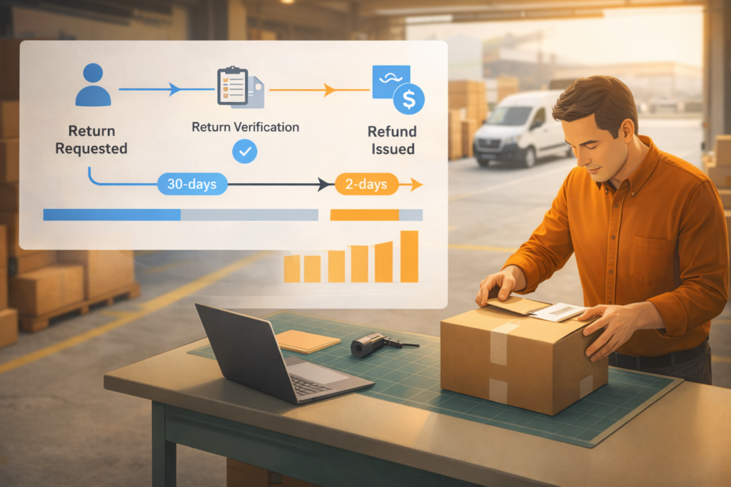 Seller inspecting a returned package in a warehouse with a refund verification timeline, illustrating merchant-fulfilled return and refund control on Amazon