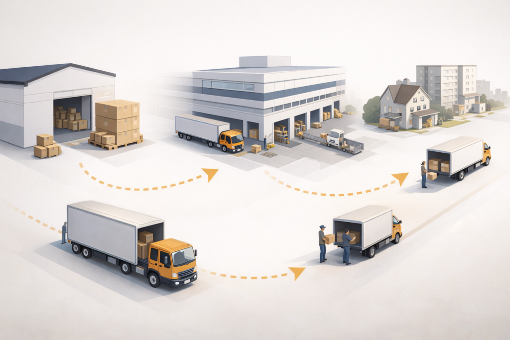 Illustration showing how Amazon FBA fulfillment works from seller inventory to customer delivery