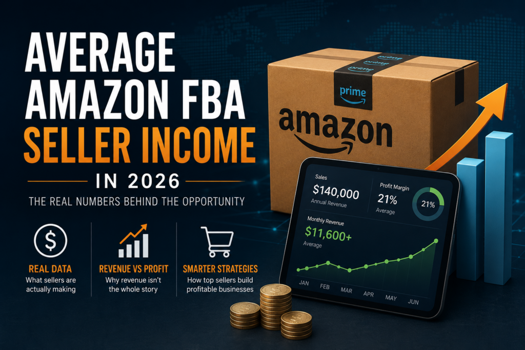 Illustration of an Amazon FBA shipping box with sales analytics, revenue charts, and growth graphics representing average Amazon FBA seller income and profitability in 2026.