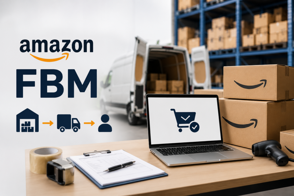Amazon FBM fulfillment setup with warehouse inventory, shipping boxes, delivery van, laptop, and packing supplies.