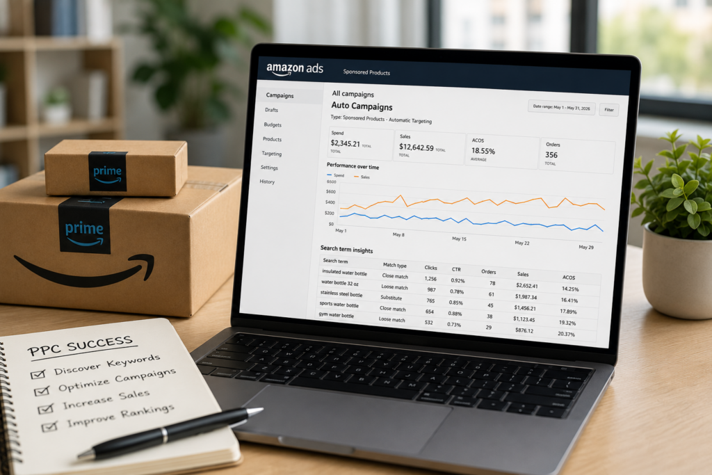 Laptop displaying an Amazon PPC auto campaigns dashboard with advertising analytics, keyword performance, and Amazon shipping boxes on a desk.
